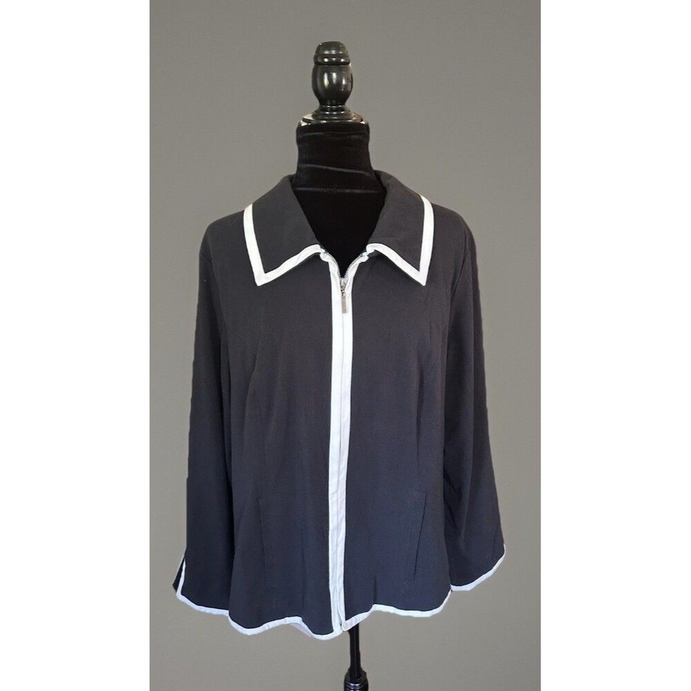 Dialogue Dressy Zip Front Jacket Black White Trim Collar Lined Size 18W  Office